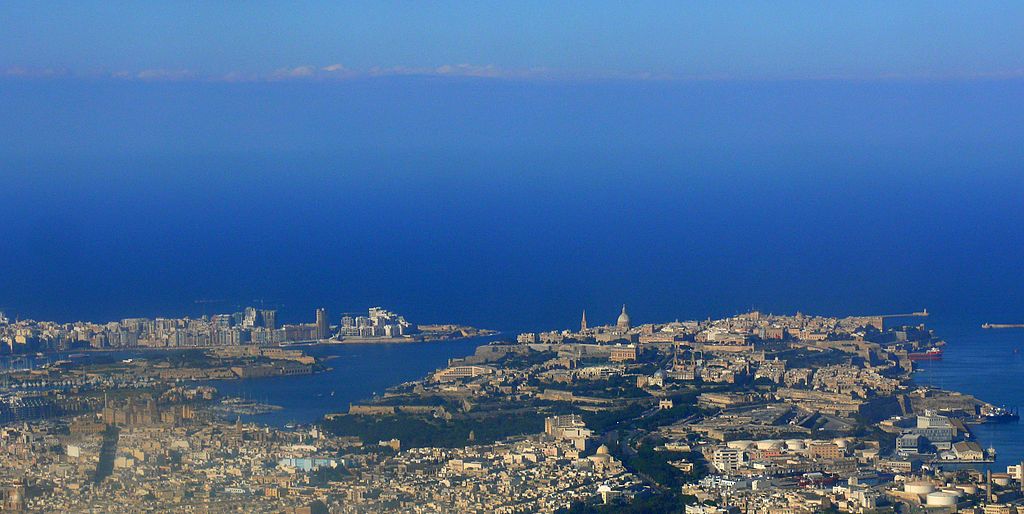 Aerial view of Malta harbours region looking towards Sicily