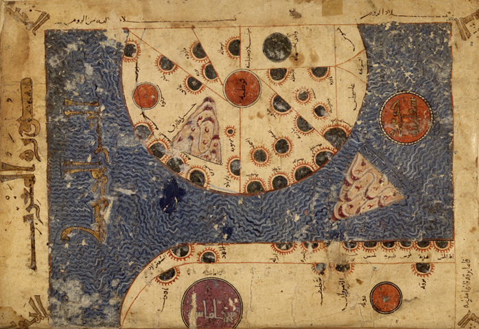 Depiction of the Western Mediterranean from a map in an 1138 manuscript of Abū Ishāq ‘al-Iṣṭaẖrī's Kitāb al-Masālik wa-l Mamālik (c. 977)